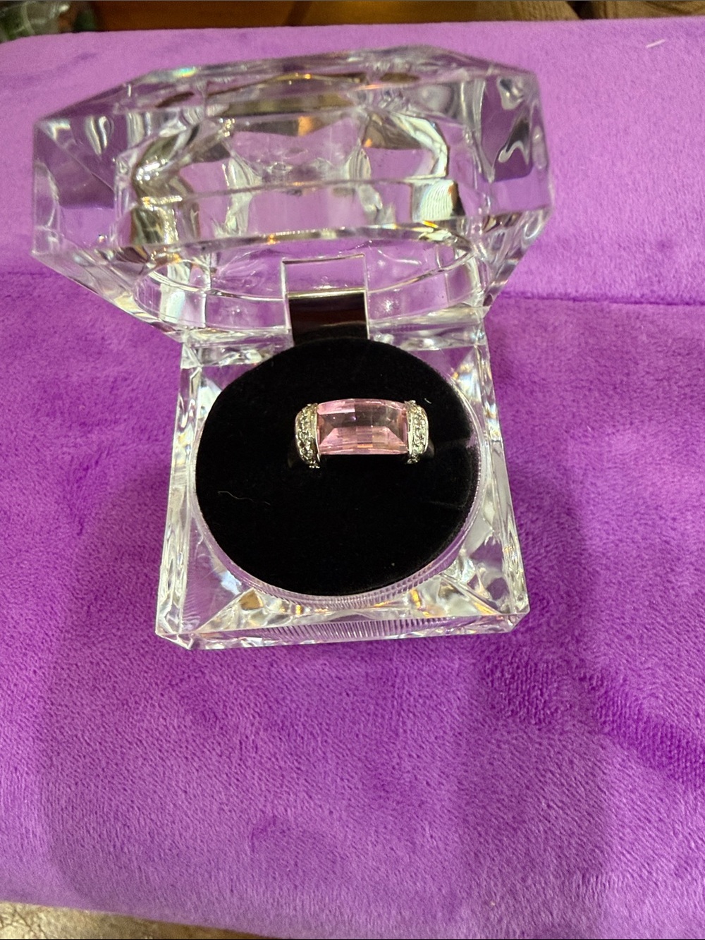 Silver Ring with Rectangular Pink Crystal and Accent Stones